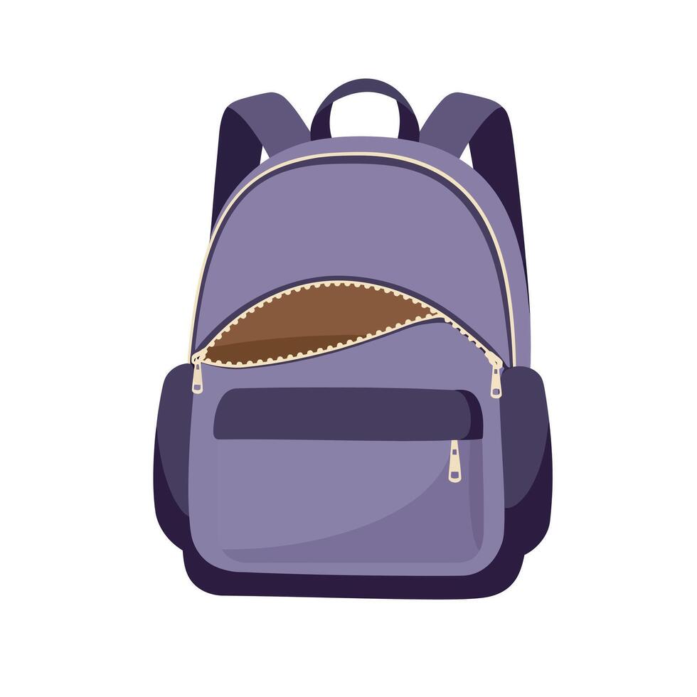 Purple backpack with open main compartment and front pocket in flat minimalist style illustration vector