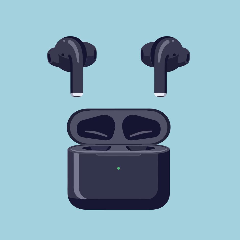 Black wireless earbuds with open charging case in modern flat style digital illustration art vector