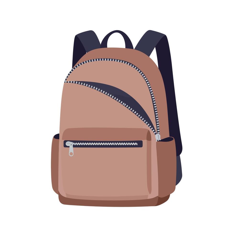 Brown backpack with black straps and silver zipper in flat minimalist design illustration vector