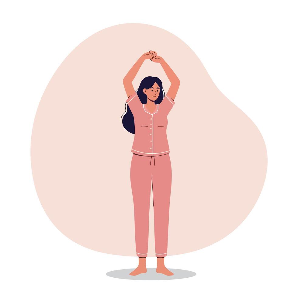 Young woman in pink pajamas stretching arms overhead with calm expression minimal flat design illustration vector