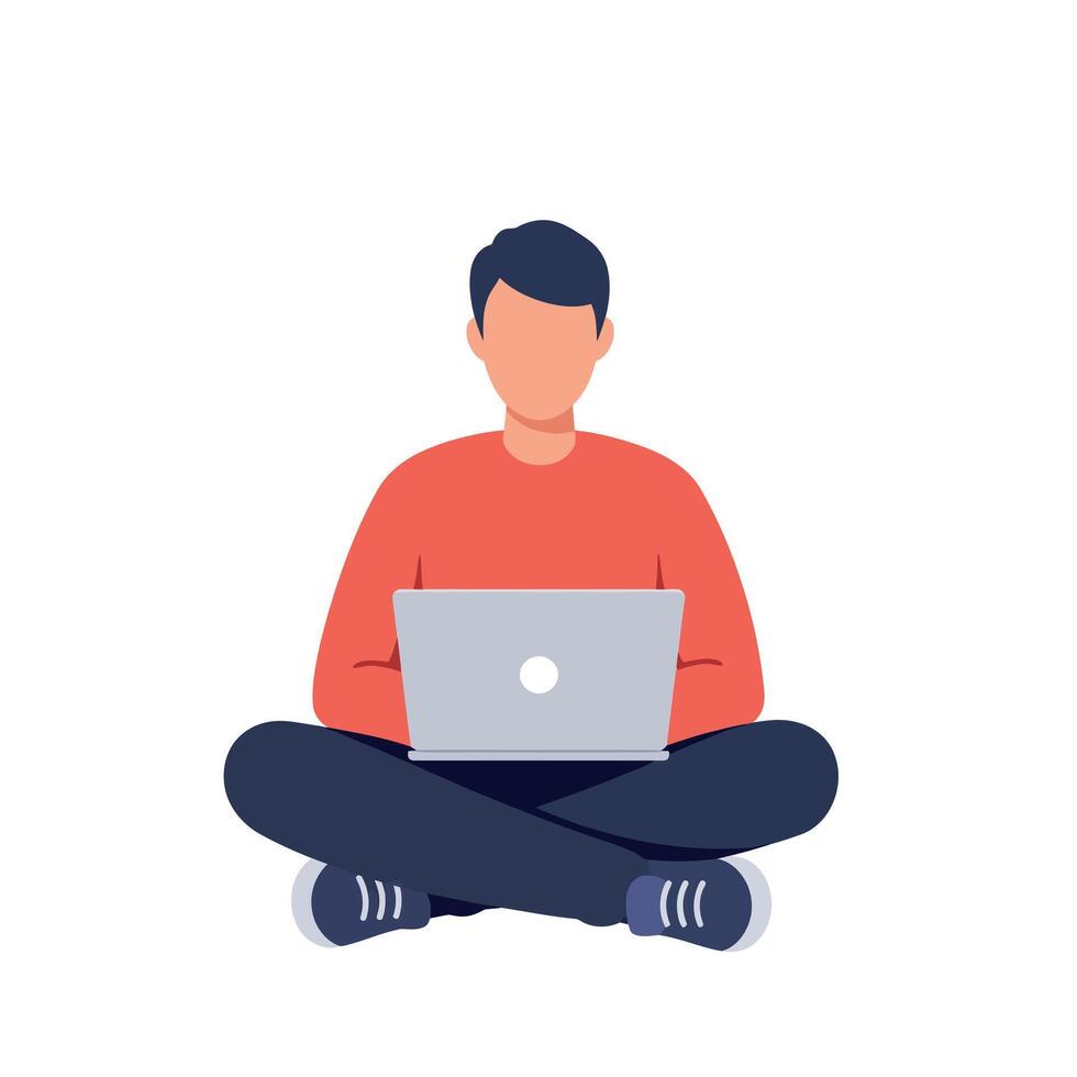 Young man sitting cross-legged with laptop in flat minimal style digital workspace illustration vector