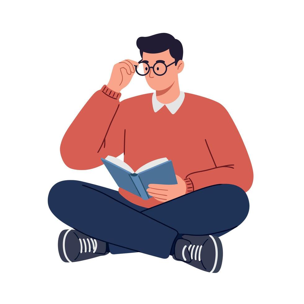 Young man reading book while sitting cross-legged wearing glasses and casual clothing flat design illustration vector