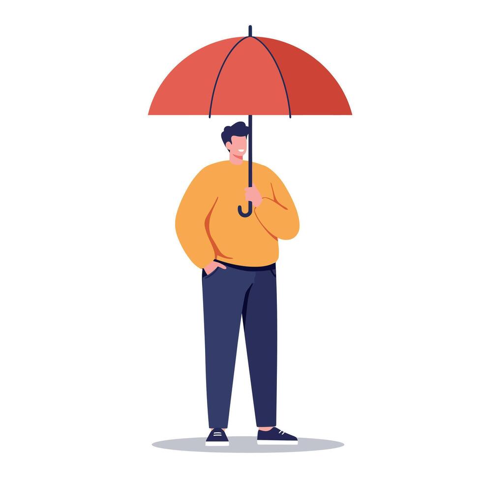 Young man holding red umbrella standing casually in bright orange sweater and dark pants minimal flat illustration vector