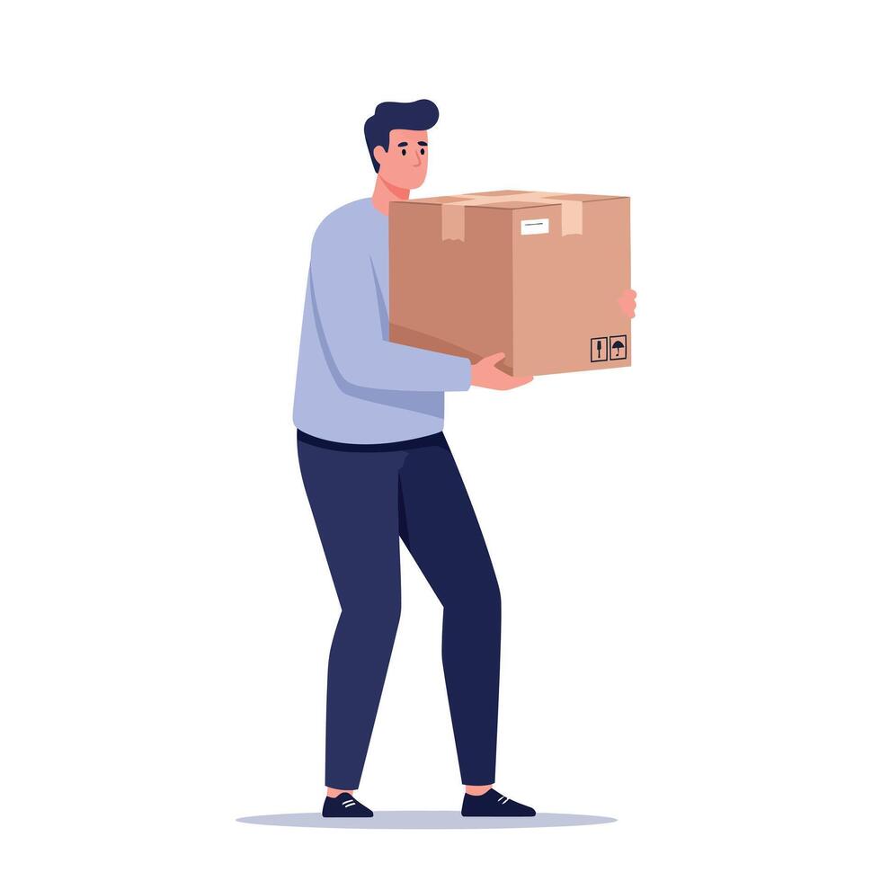 Young man carrying large cardboard box with careful posture in flat style illustration vector