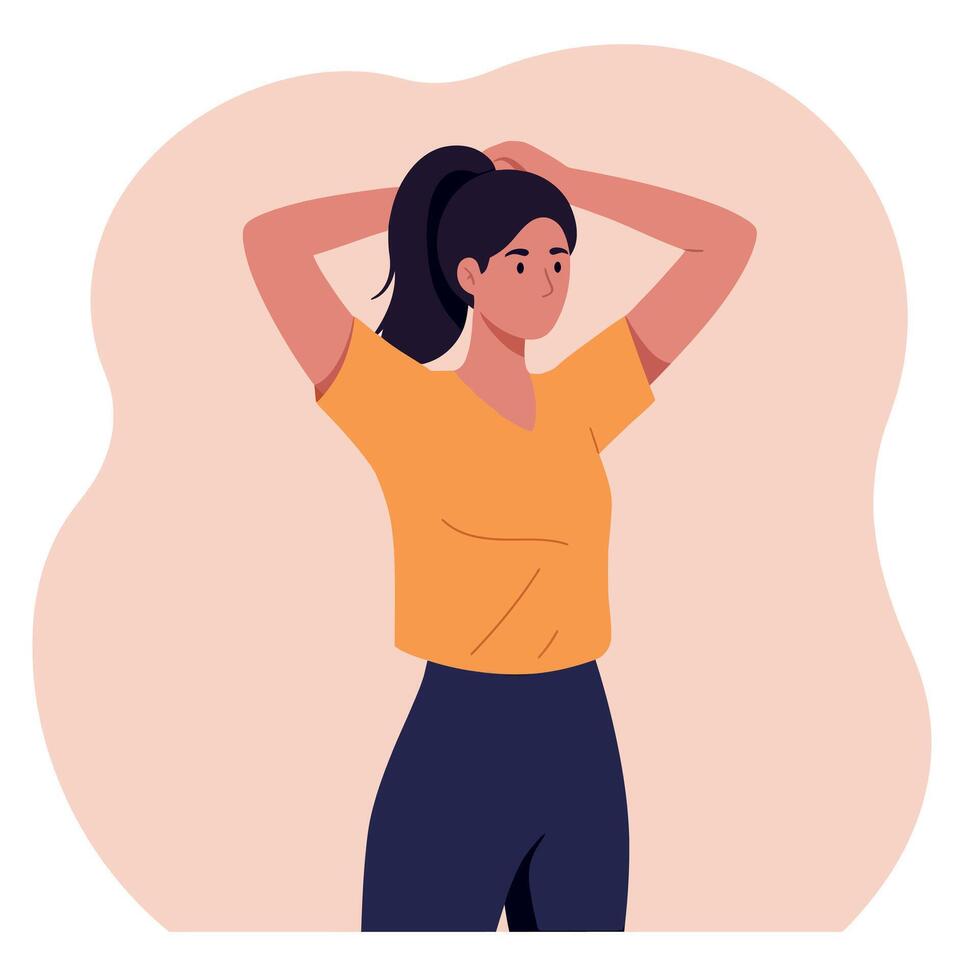Young woman with ponytail wearing orange shirt and navy pants stretching arms behind head in minimal flat style illustration vector
