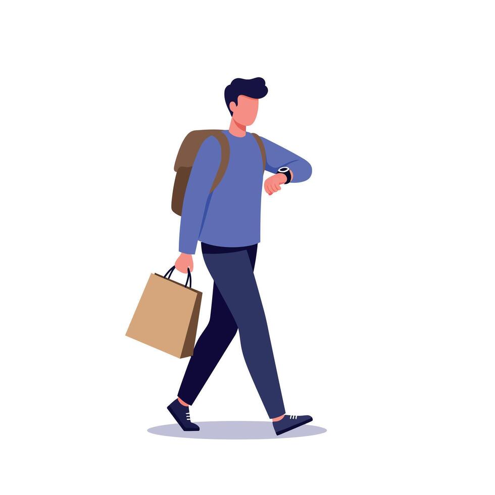 Young man walking with backpack and paper shopping bag checking wristwatch in flat modern illustration vector