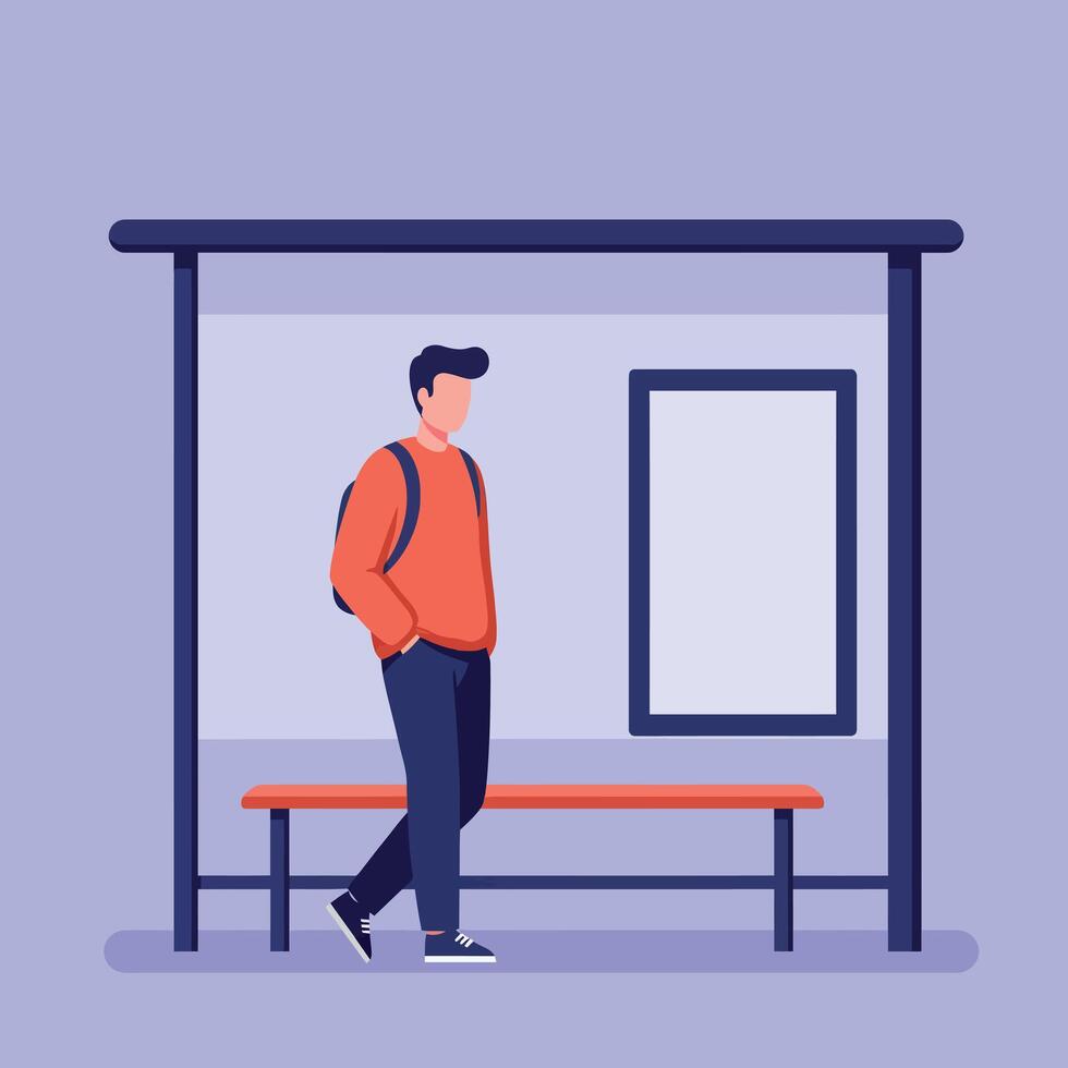 Young man wearing backpack standing at bus stop shelter in casual clothes flat style illustration vector