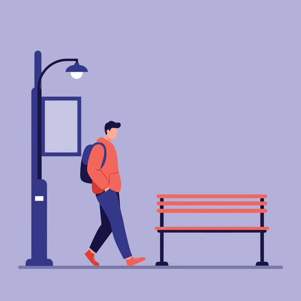Young man walking near street lamp and empty bench wearing casual clothes flat design illustration vector