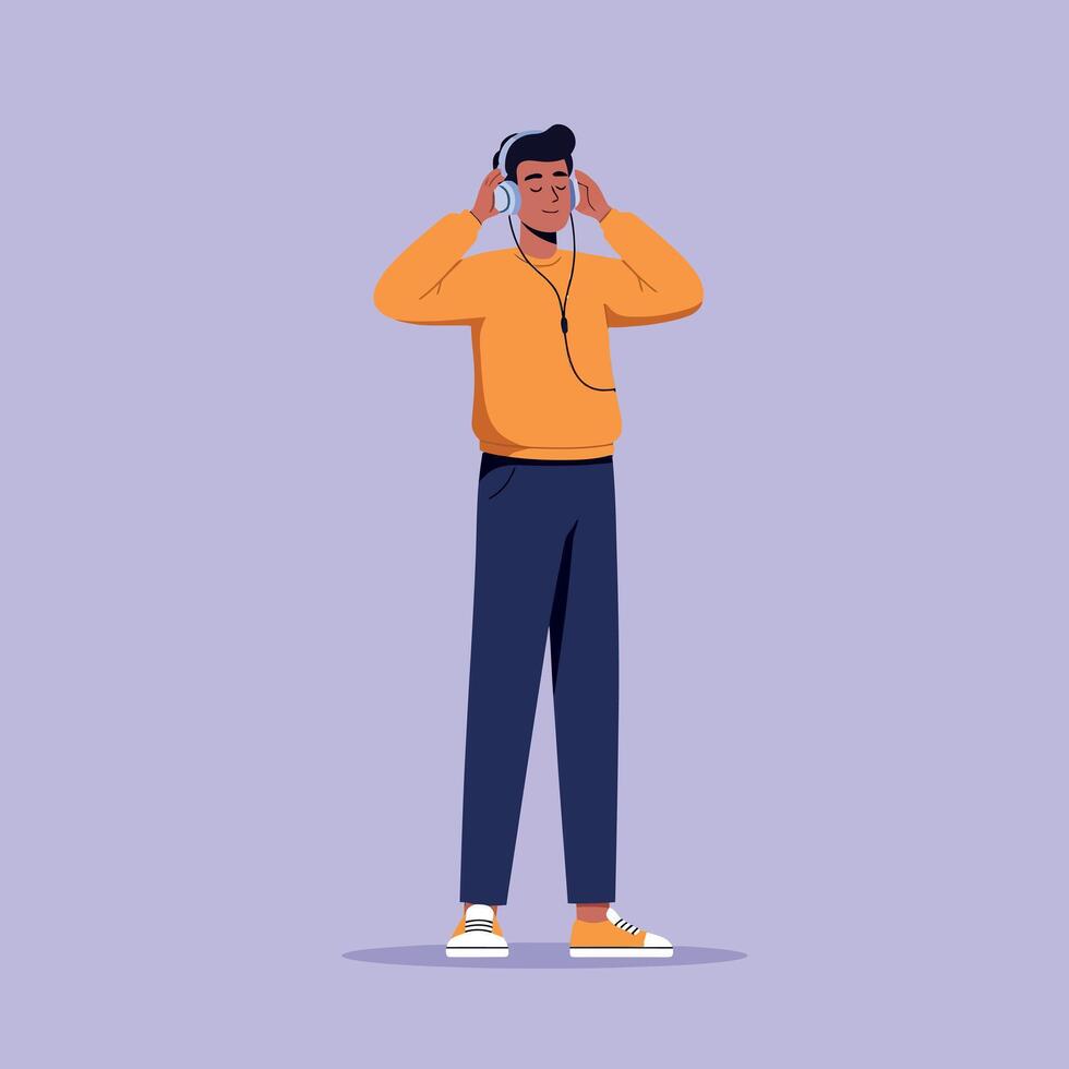 Young man wearing orange sweatshirt and dark pants listening to music with headphones flat design illustration vector