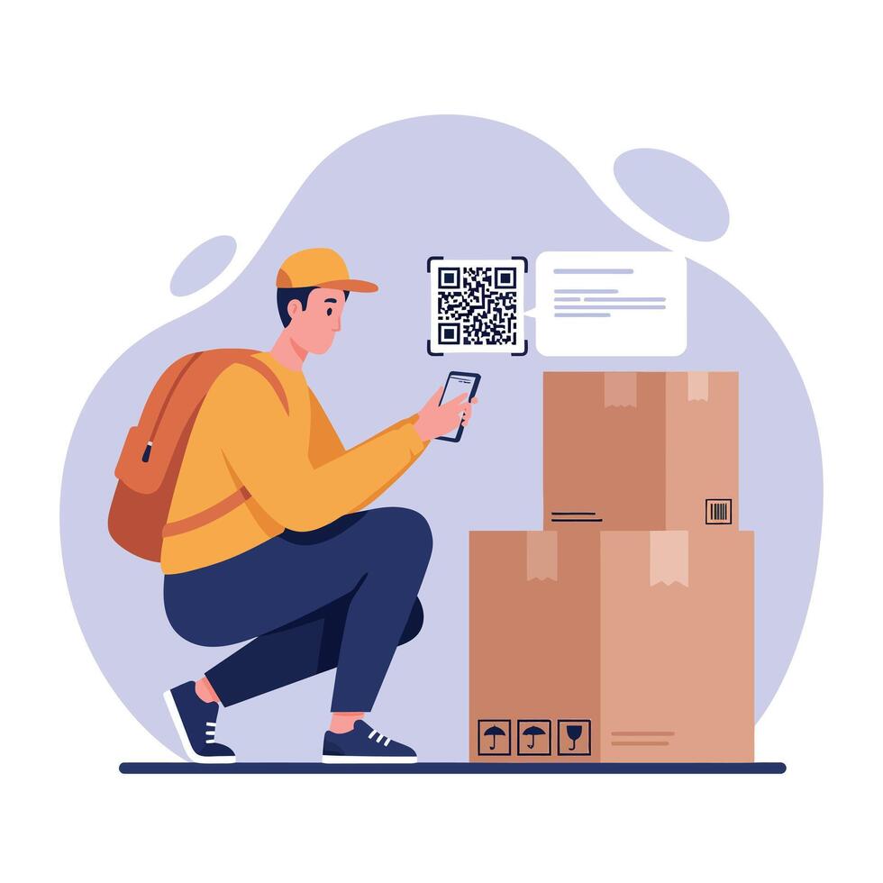 Young delivery man scanning QR code on cardboard boxes wearing casual clothes and cap in flat style illustration vector