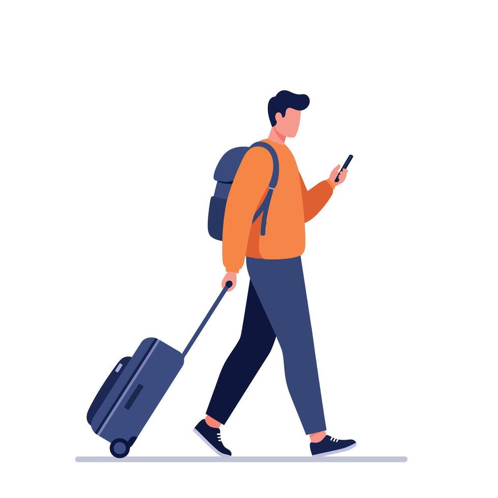 Young man walking with rolling suitcase and backpack looking at phone in flat modern travel illustration vector