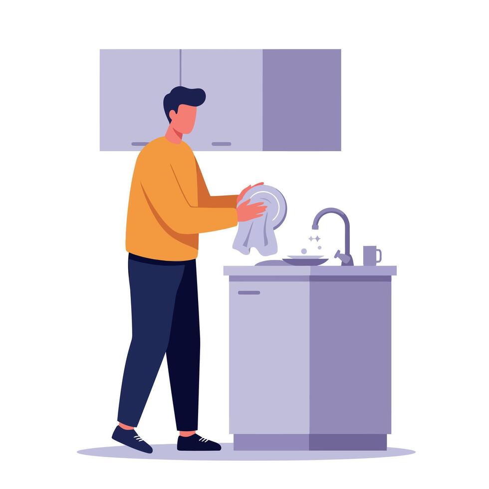 Man washing dishes at kitchen sink in flat style casual clothing household chores art vector