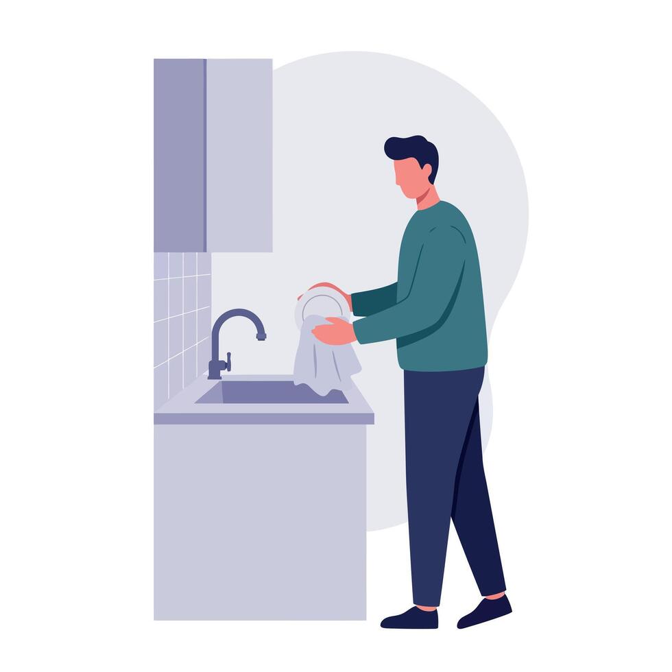Young man drying dishes with towel in modern kitchen flat design illustration vector
