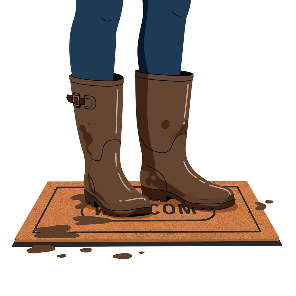 Person wearing tall brown muddy boots standing on a rectangular welcome mat flat design illustration vector