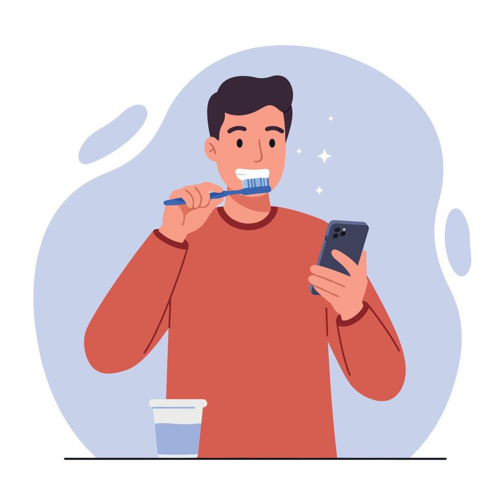 Young man brushing teeth while looking at smartphone in flat minimal style illustration vector