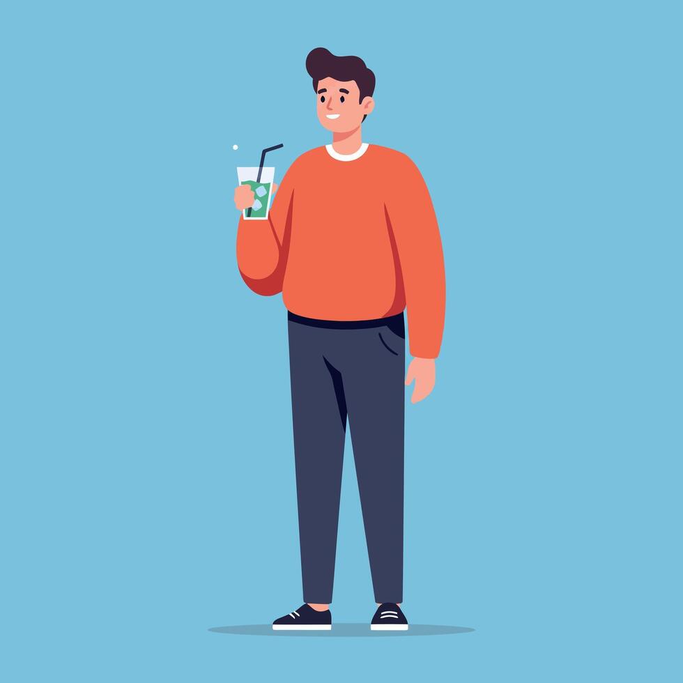 Young man in casual orange sweater holding a cold drink with straw standing relaxed minimal flat illustration vector