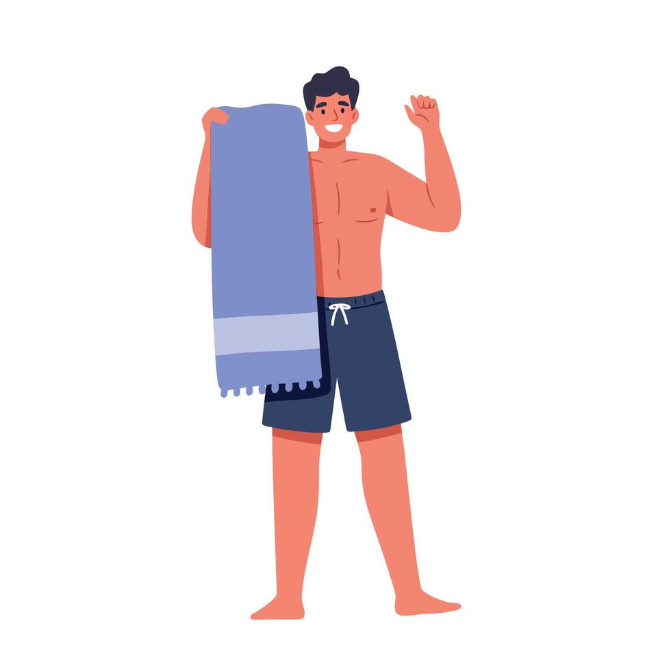 Young man with towel in casual swimwear waving hand smiling flat style illustration vector