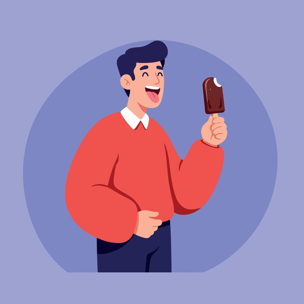 Young man enjoying chocolate ice cream in casual red sweater smiling with tongue out flat colorful illustration vector
