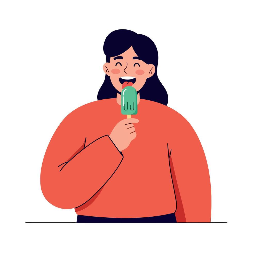 Young woman enjoying green popsicle in simple flat design with joyful expression illustration vector