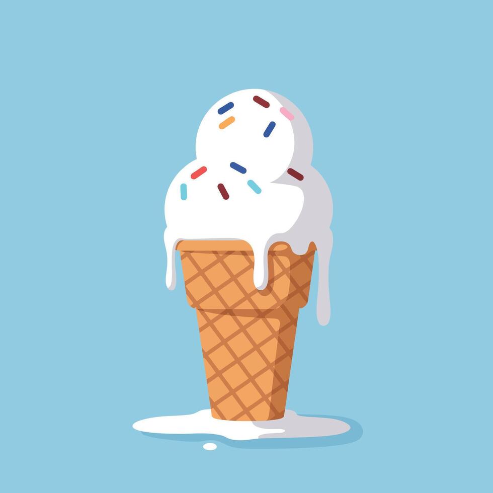Melting vanilla ice cream cone with colorful sprinkles in flat minimal style on blue background illustration vector