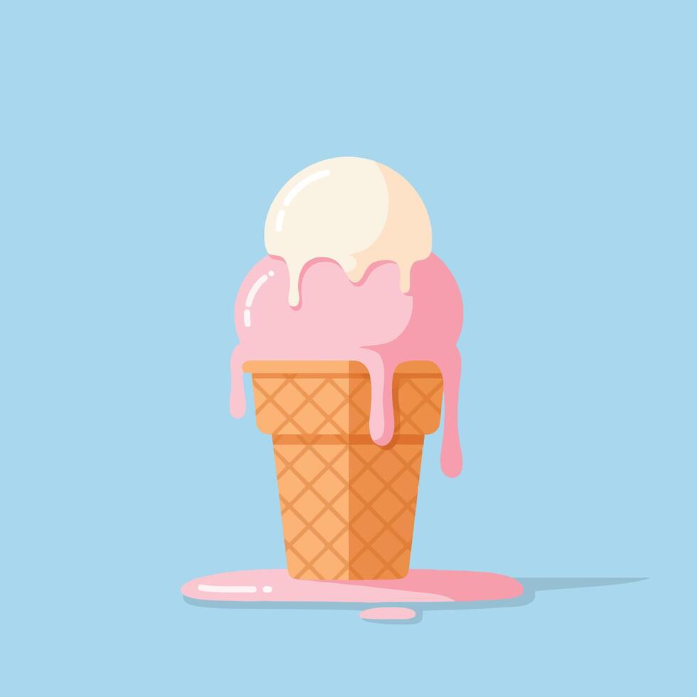 Melting ice cream cone with vanilla and strawberry scoops in flat minimal style dripping on blue background illustration vector