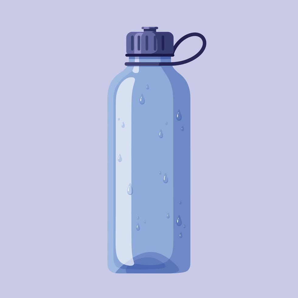 Transparent water bottle with black lid and water drops in minimal flat design illustration vector