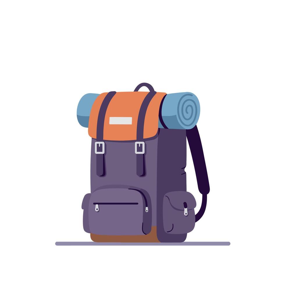 Large hiking backpack with attached rolled sleeping mat in flat design style outdoor adventure illustration vector