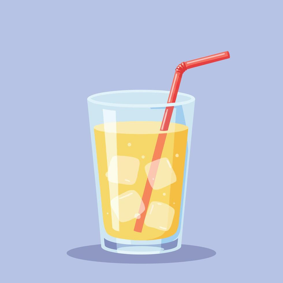 Transparent glass filled with yellow juice and ice cubes with red straw in flat design style illustration vector