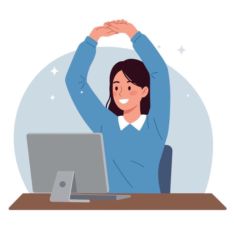 Young woman stretching arms while sitting at desk with computer in casual flat design illustration vector