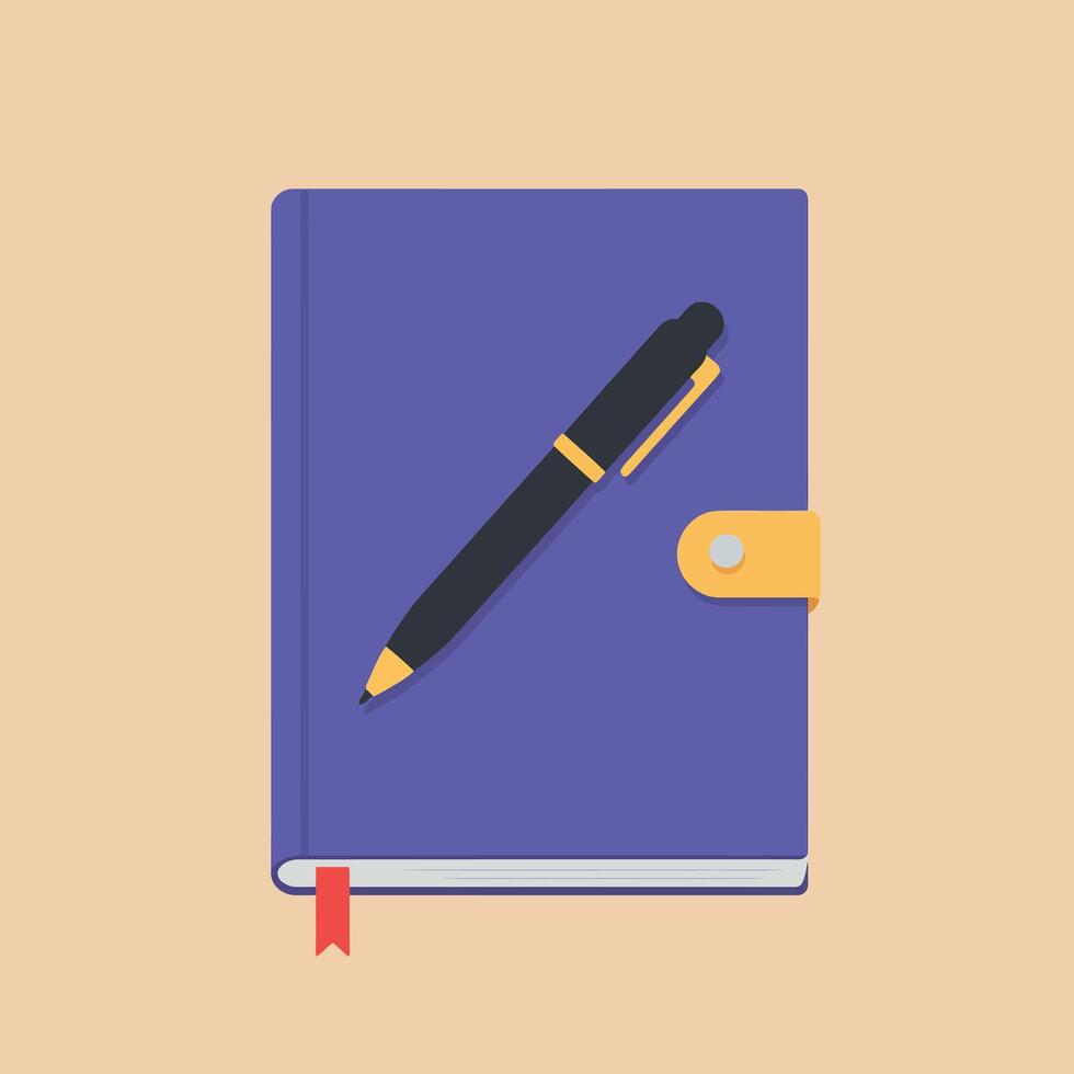 Purple closed notebook with black pen resting on top in flat minimal style illustration vector