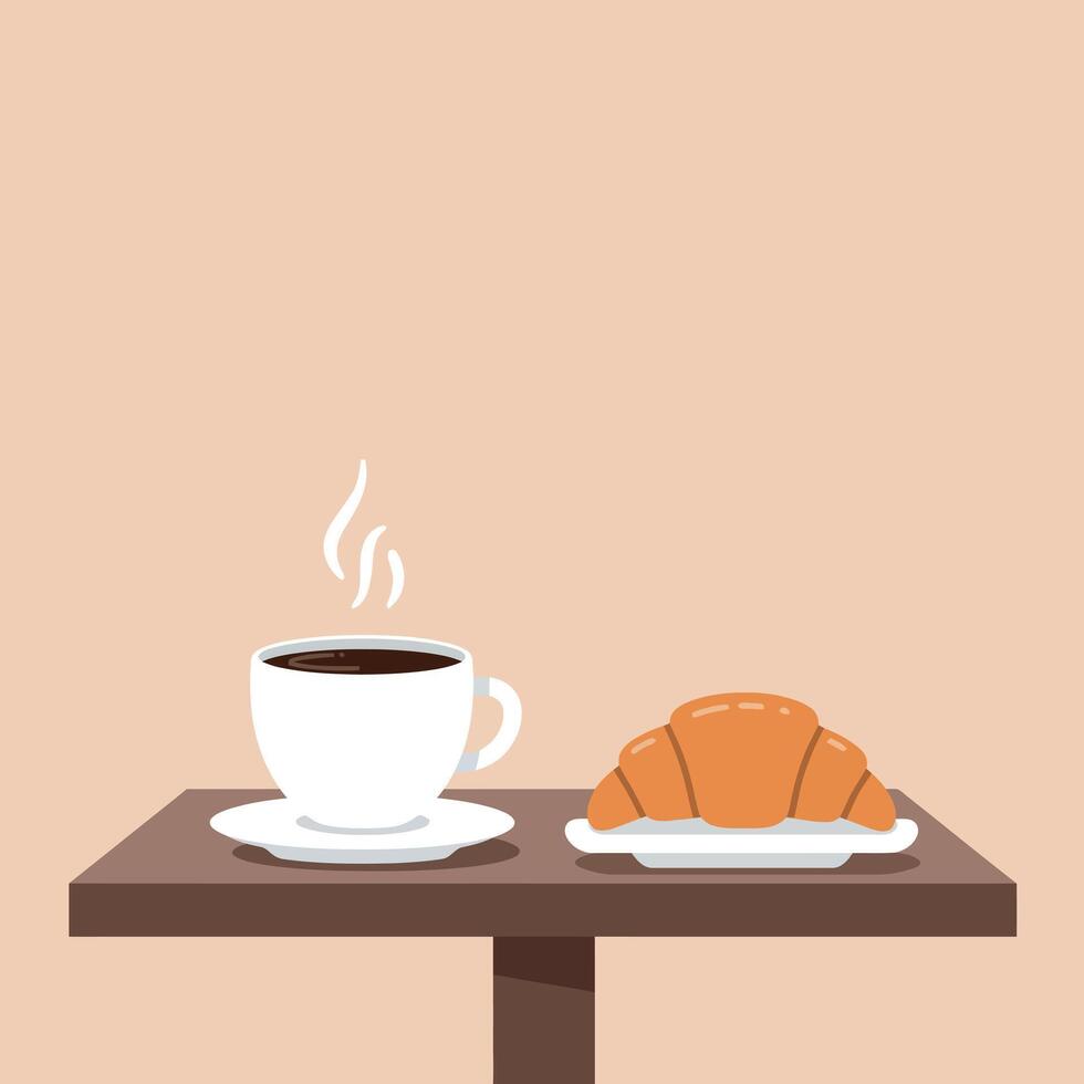 Steaming cup of black coffee with golden croissant on wooden table flat minimal illustration vector