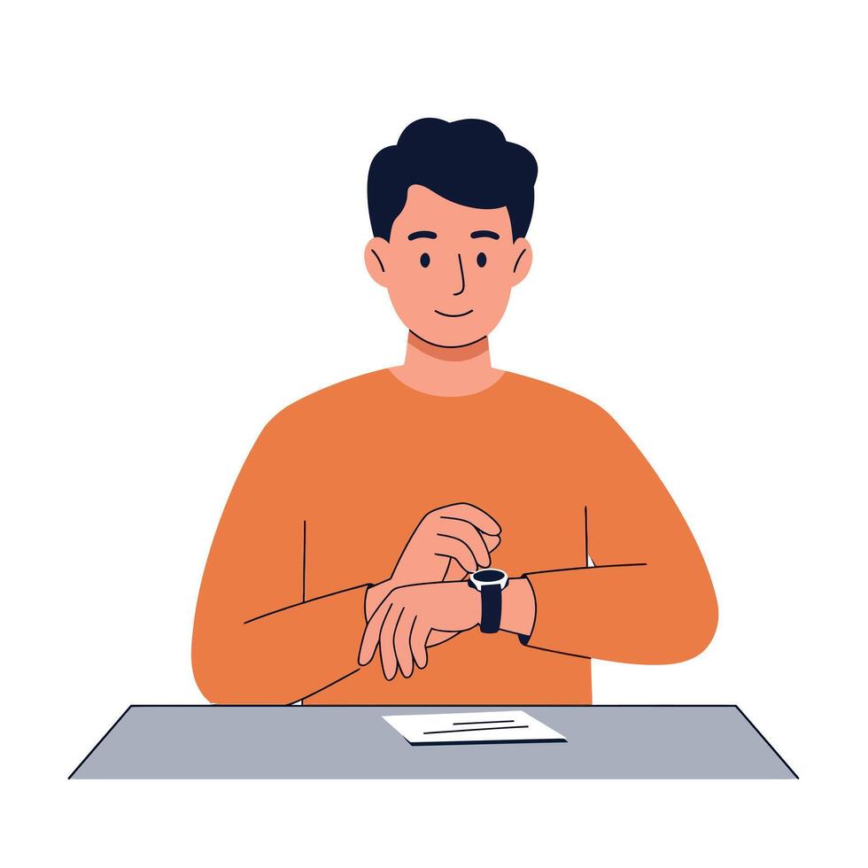 Young man checking wristwatch while sitting at desk wearing orange sweater flat minimal illustration vector