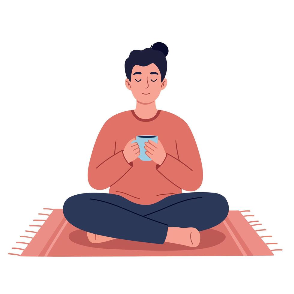Young woman sitting cross-legged on patterned rug holding cup with eyes closed calm expression flat illustration vector