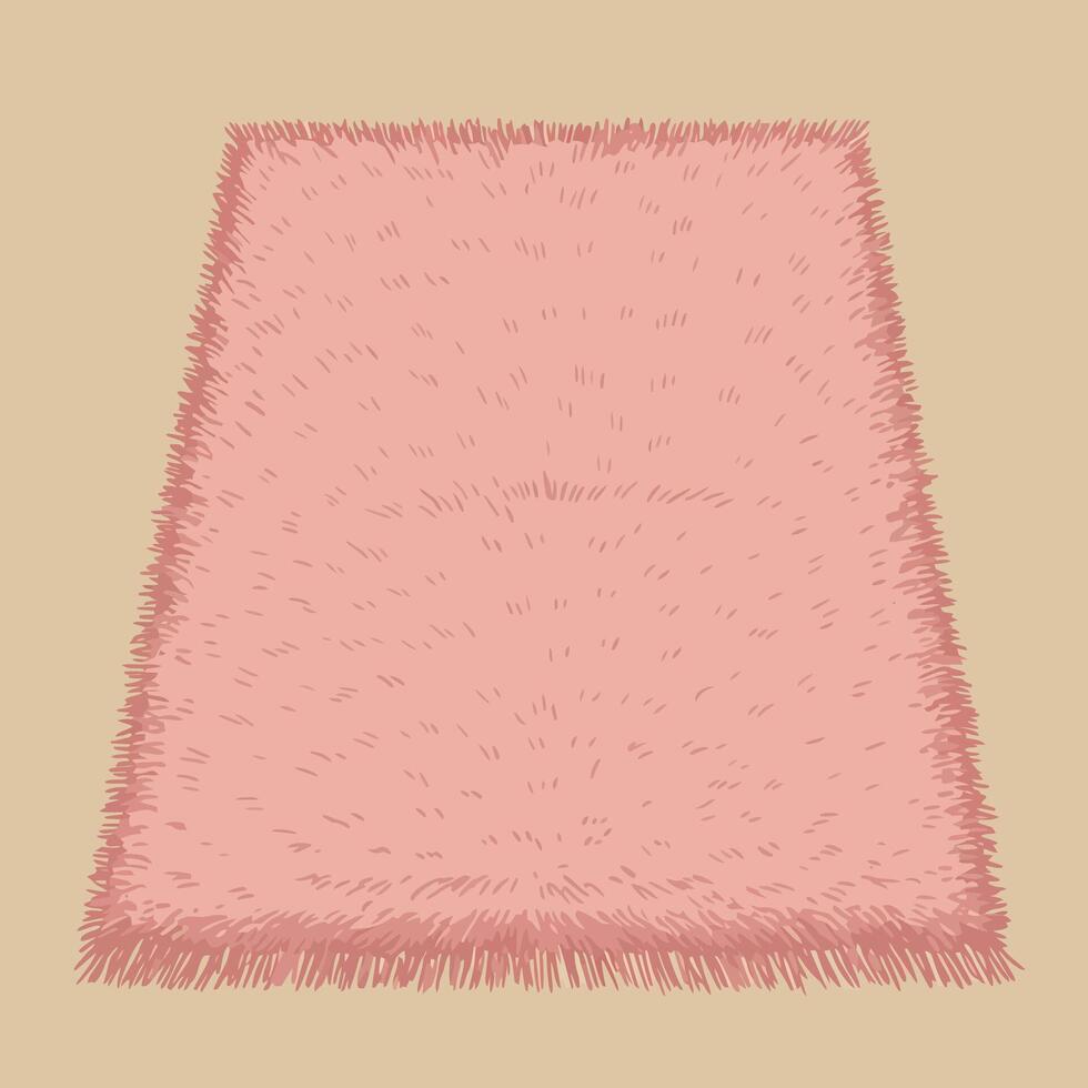 Soft rectangular pink shaggy rug with textured fibers and fringed edges flat design illustration vector