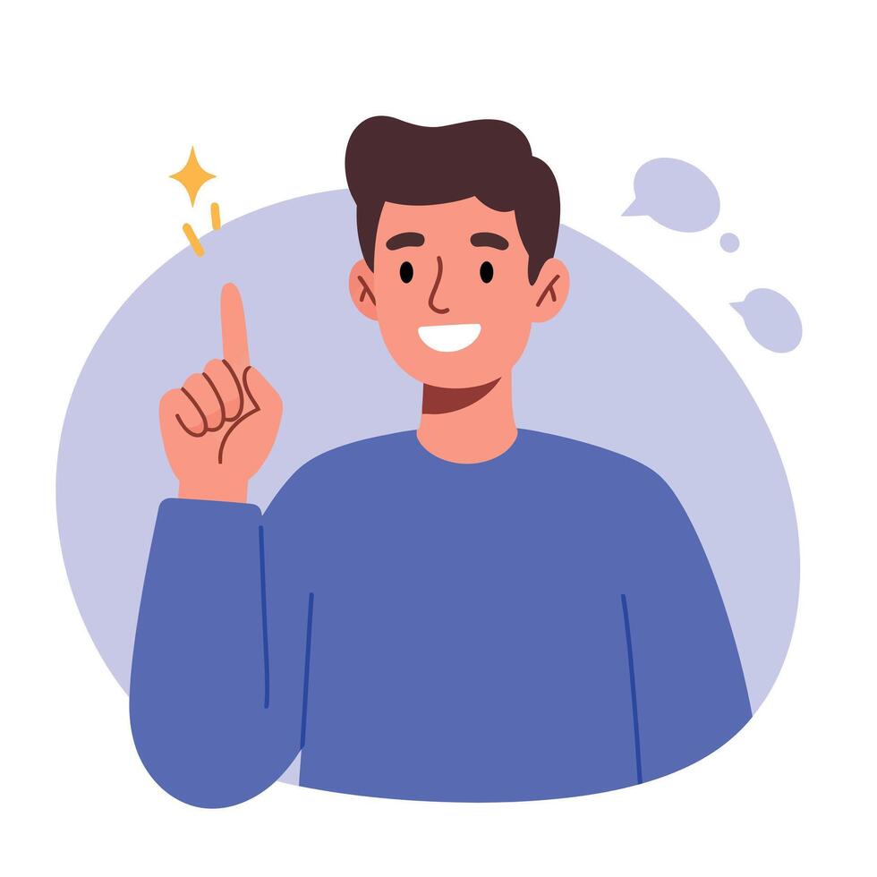 Young man with raised index finger and smiling face in flat design style bright idea illustration vector