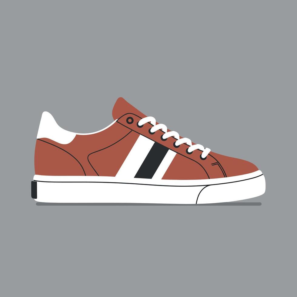 Casual brown sneaker with white and black stripes in flat minimal style side view illustration vector