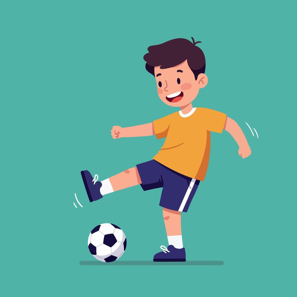 Young boy playing soccer in casual sportswear kicking ball with joyful expression flat style illustration vector