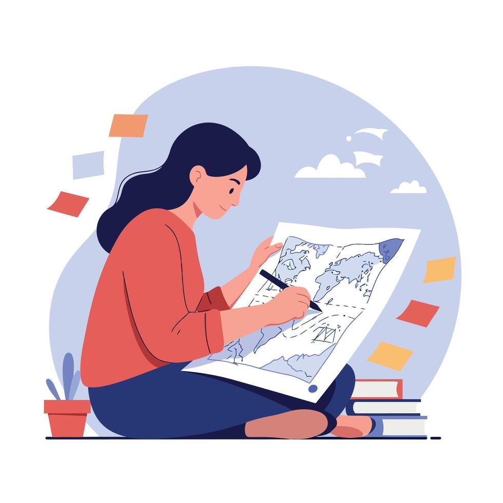 Woman sitting cross-legged drawing detailed world map with pencil in flat minimal style illustration vector