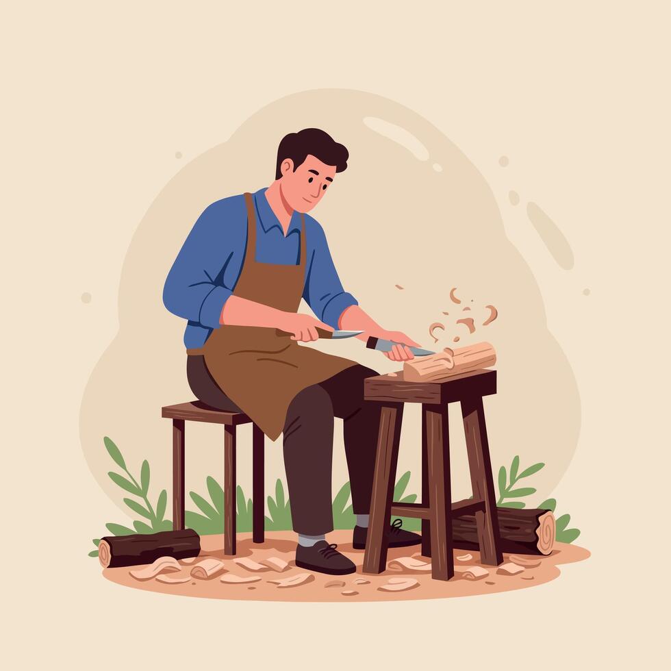 Male woodworker carving wood with chisel and mallet in detailed flat design illustration vector