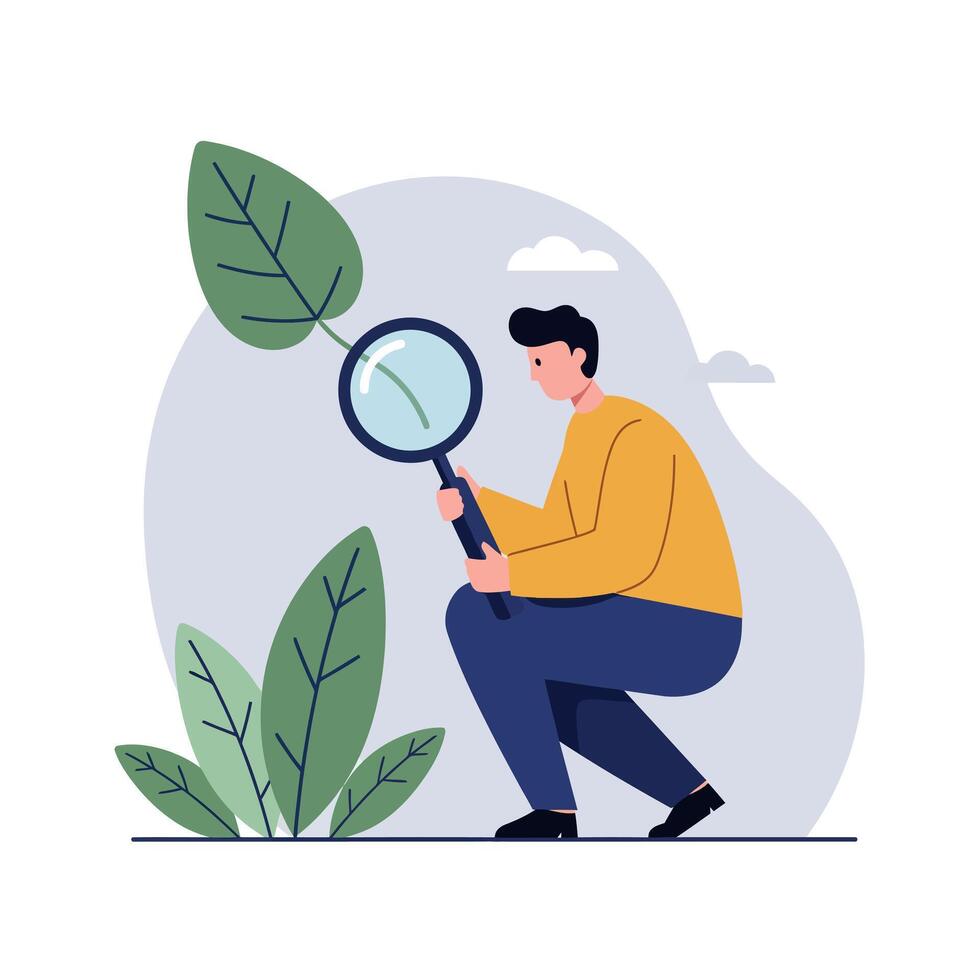 Man examining green leaves with large magnifying glass in minimal flat design illustration vector