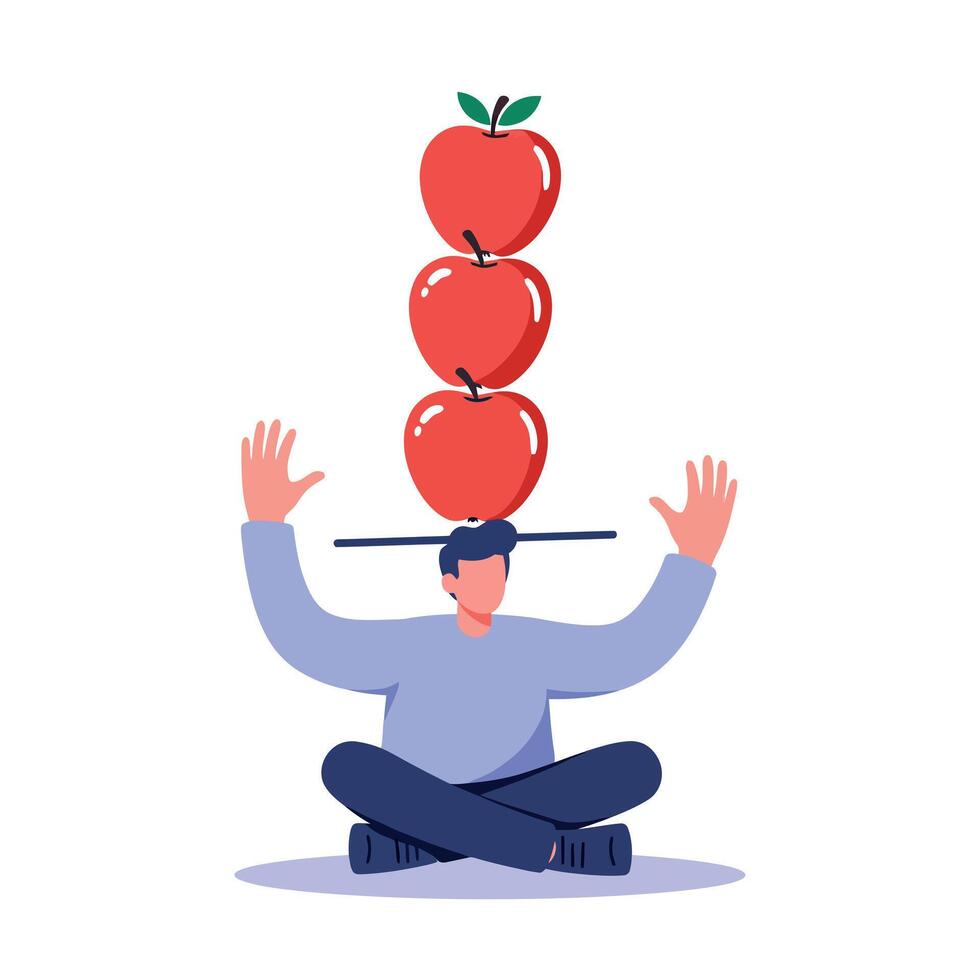 Man balancing three red apples on a stick above his head in a minimal flat design illustration vector