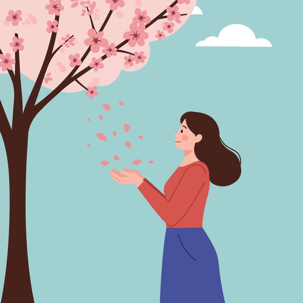Woman enjoying springtime under blooming cherry blossom tree in flat minimal illustration vector