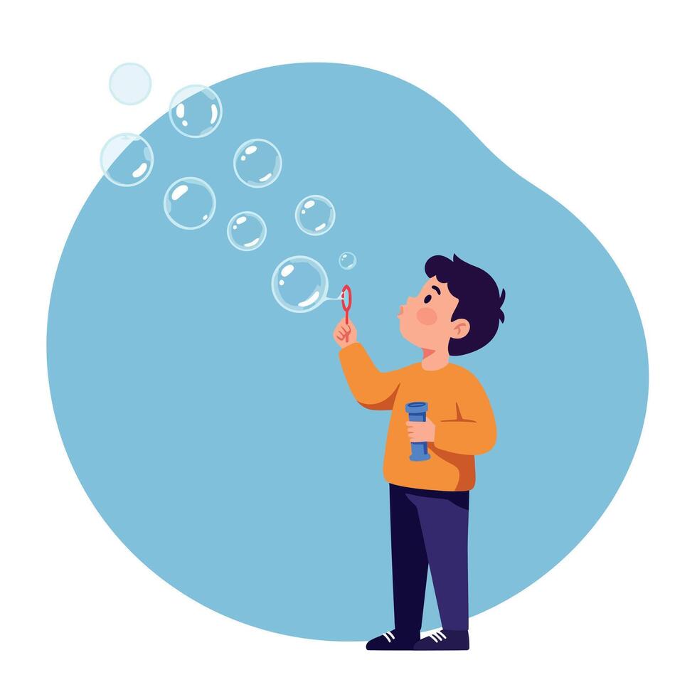 Young boy in orange sweater blowing soap bubbles with blue background flat minimal illustration vector
