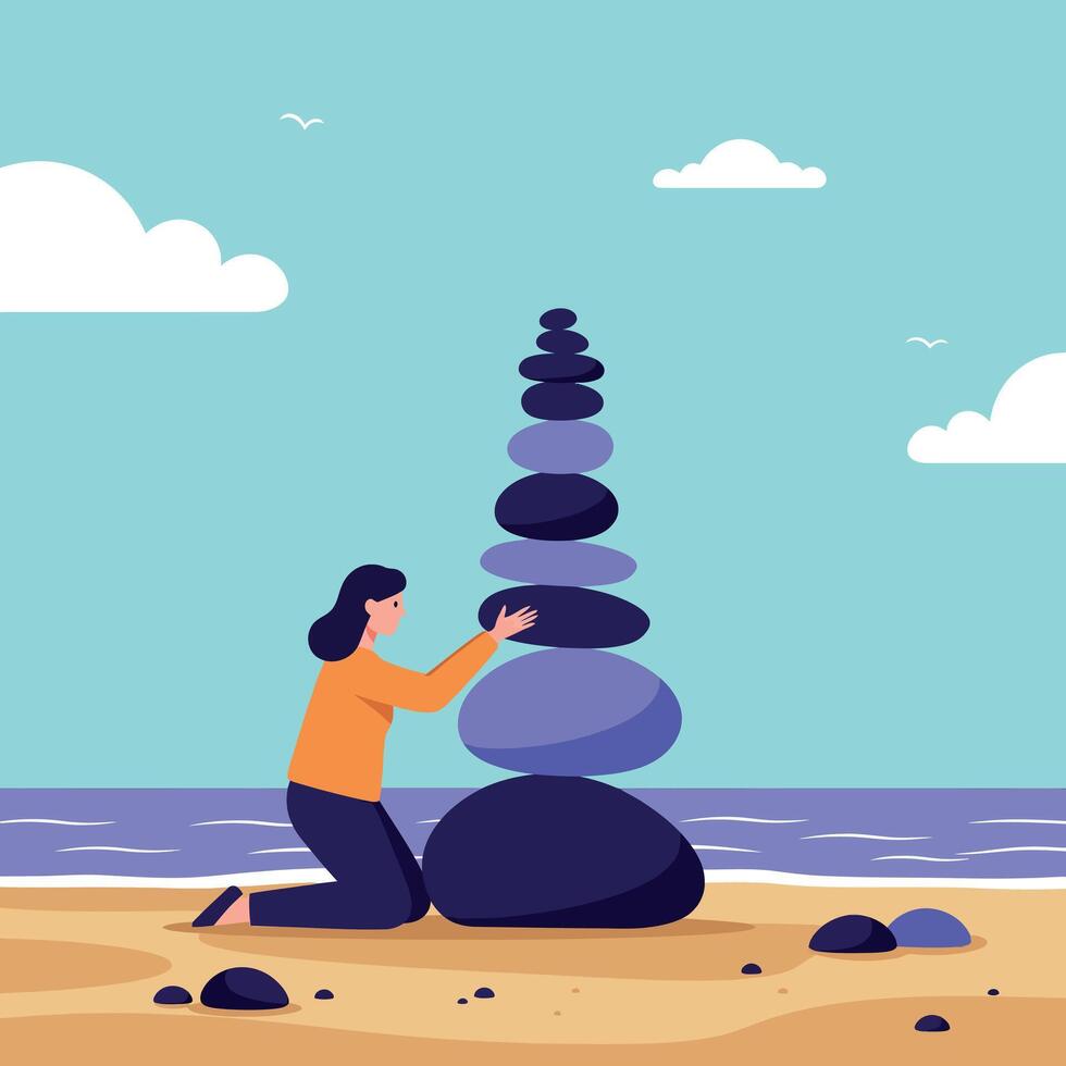 Woman stacking balanced stones on sandy beach by the sea in flat minimal illustration vector