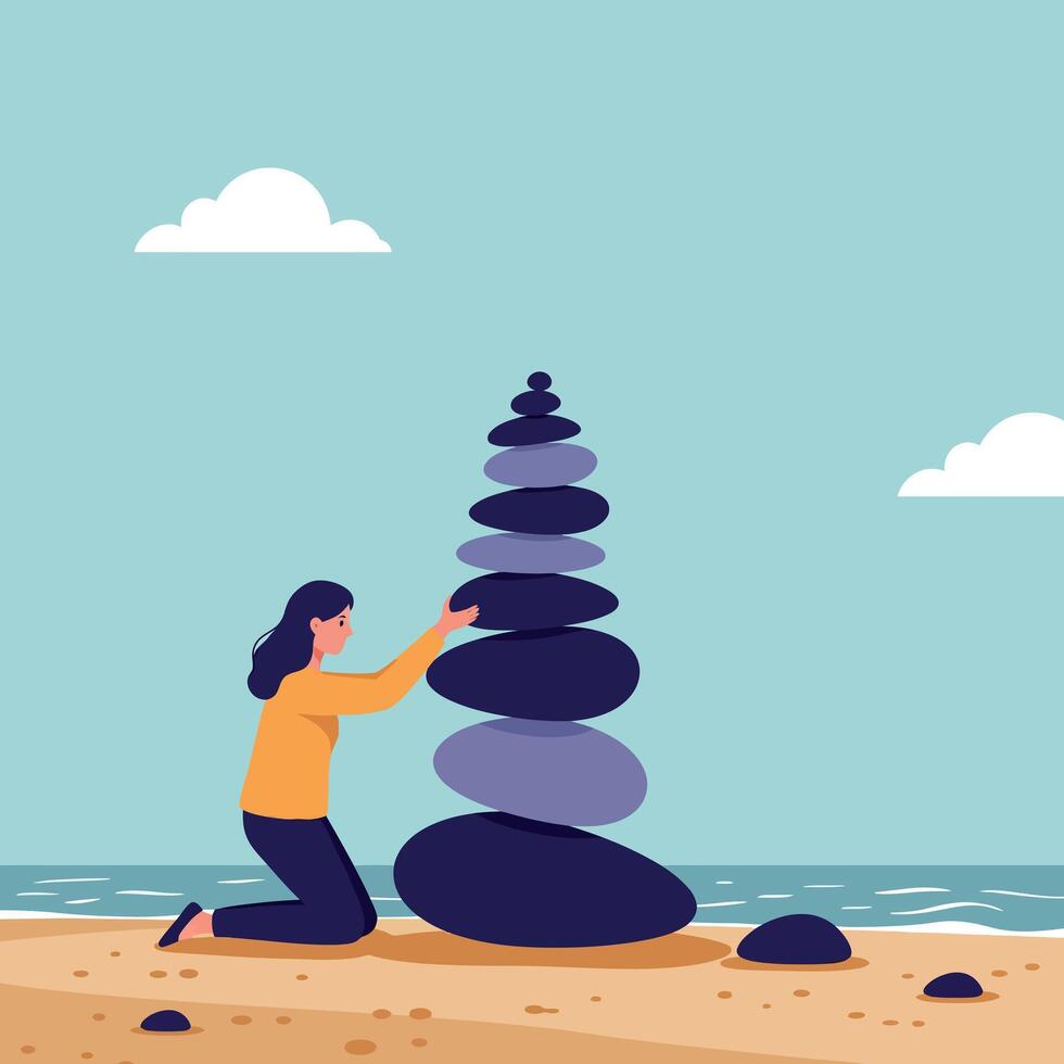 Woman stacking smooth dark stones on sandy beach near ocean in minimal flat design illustration vector