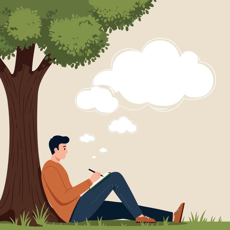 Young man sitting under leafy tree writing in notebook with thoughtful expression flat minimal illustration vector