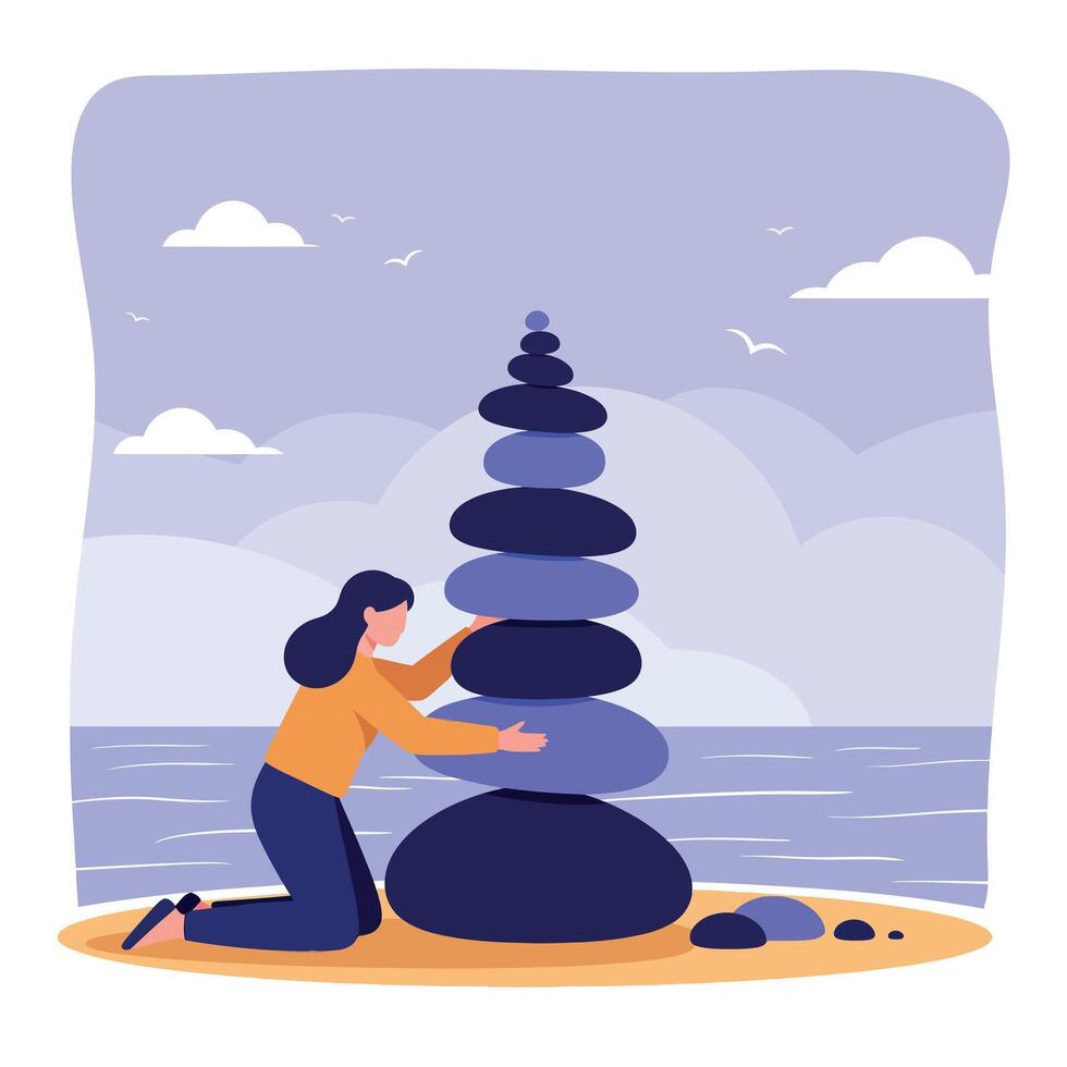 Woman balancing stacked stones on sandy beach near ocean waves under cloudy sky flat minimal illustration vector