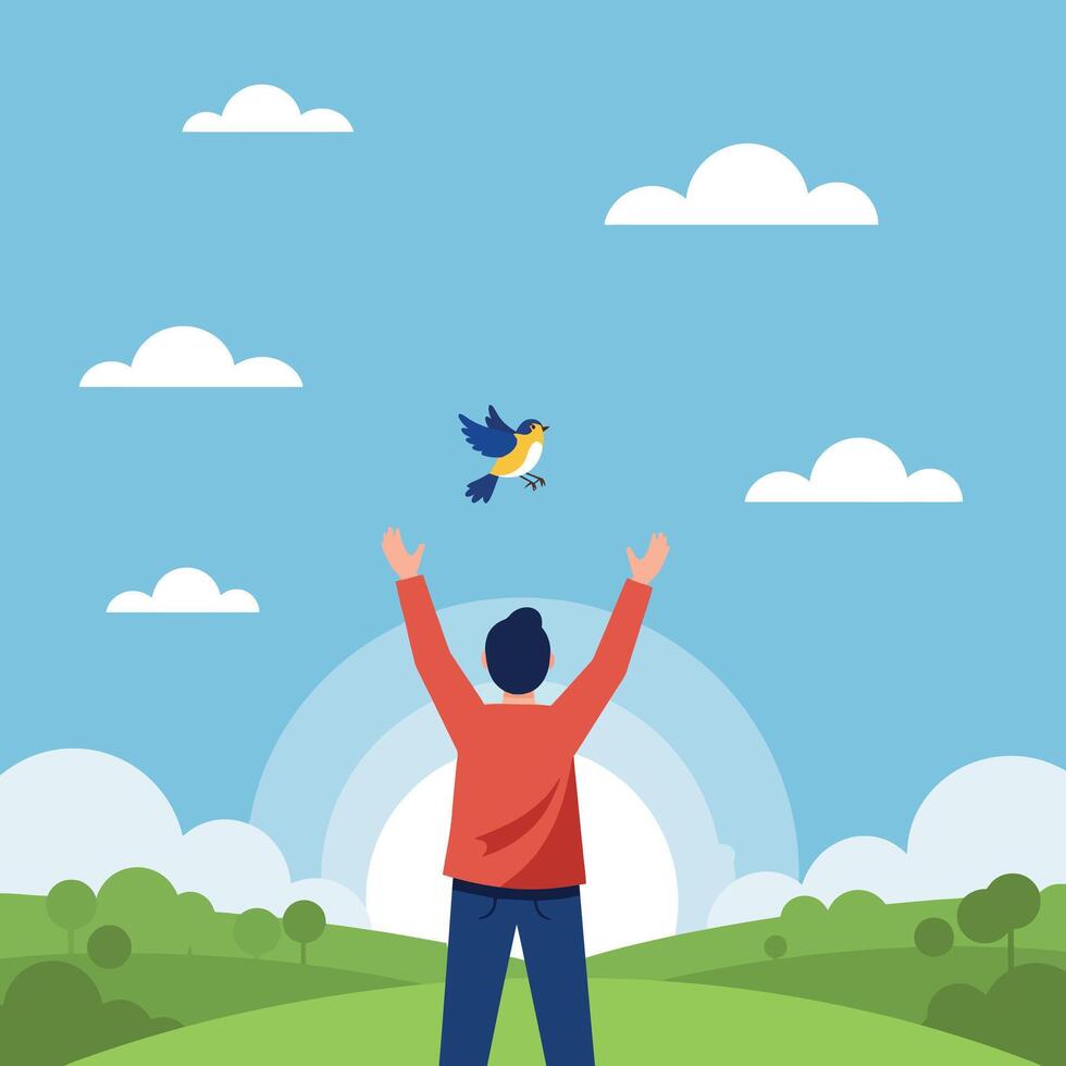 Man releasing small bird into bright blue sky over green hills in flat minimalist art vector