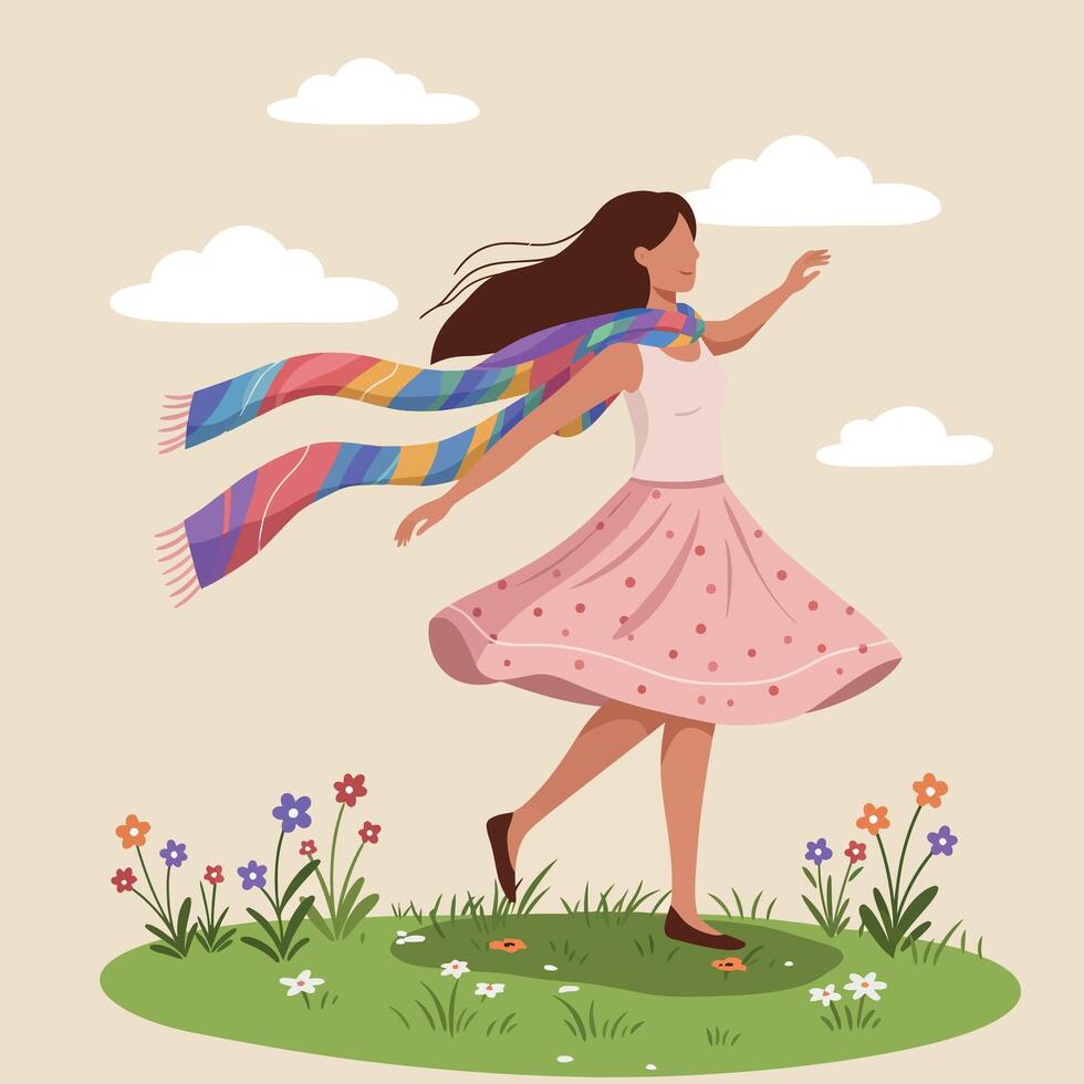 Young woman in flowing pink skirt and colorful scarf walking on grassy patch with flowers in flat minimal illustration vector
