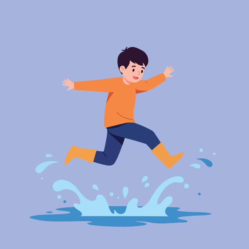 Young boy in orange sweater and boots joyfully jumping over puddle with water splashes flat colorful illustration vector